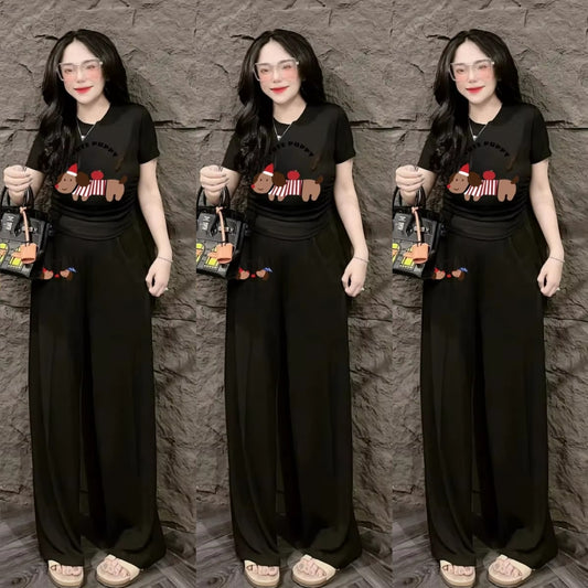 Graphic Printed Fashion Short Sleeve Top & Wide Leg Pant for Women