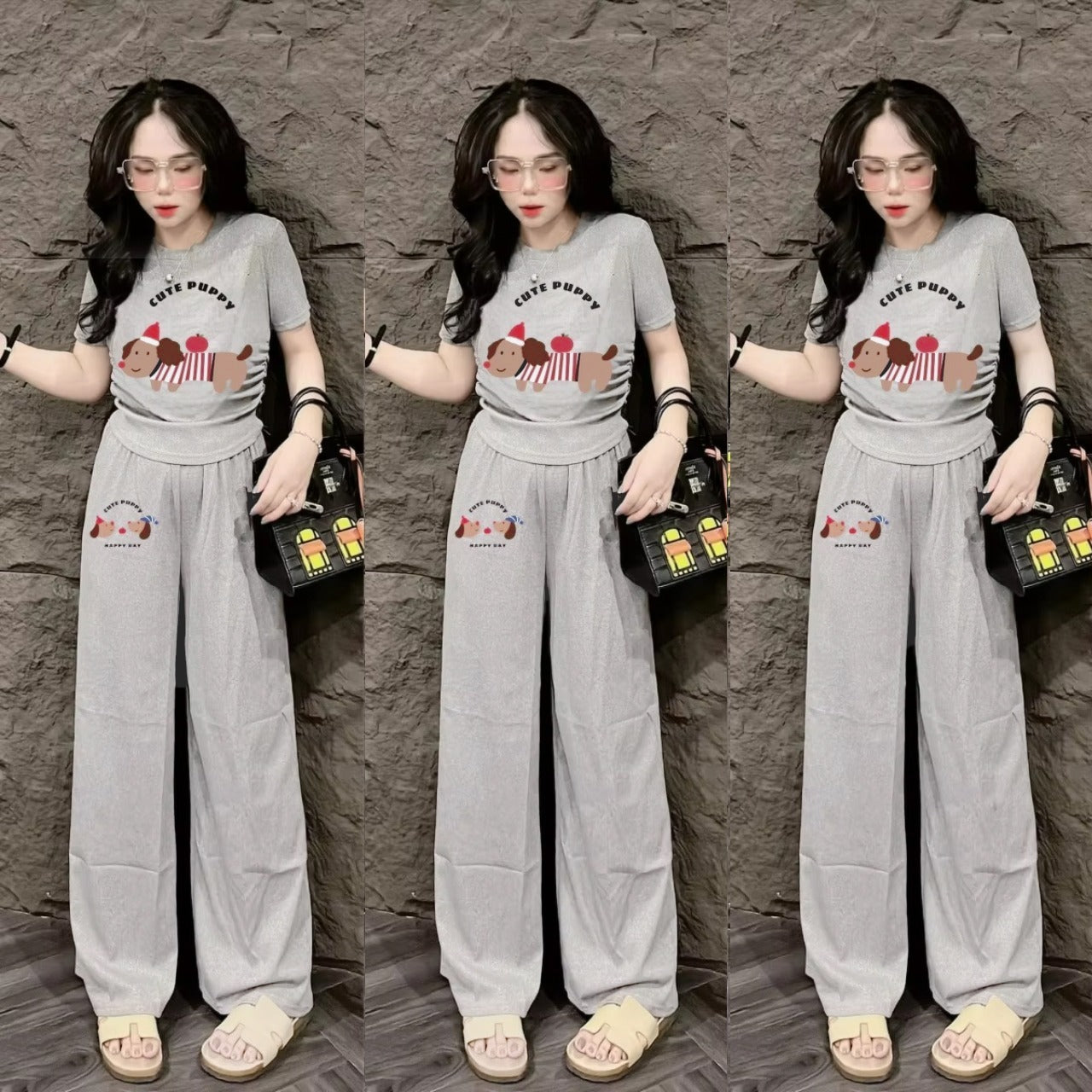 Graphic Printed Fashion Short Sleeve Top & Wide Leg Pant for Women