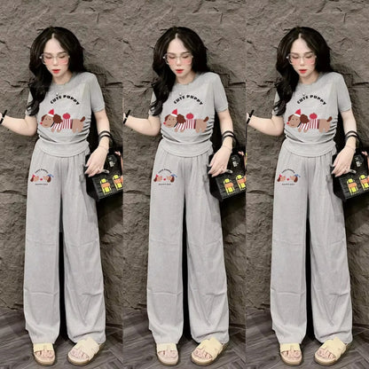 Graphic Printed Fashion Short Sleeve Top & Wide Leg Pant for Women