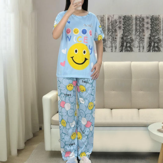 Smile Printed Fashion Short Sleeve T-shirt & Pants for Women