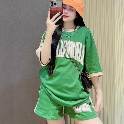 Text Printed Fashion Oversized Casual T-shirt & Shorts for Women