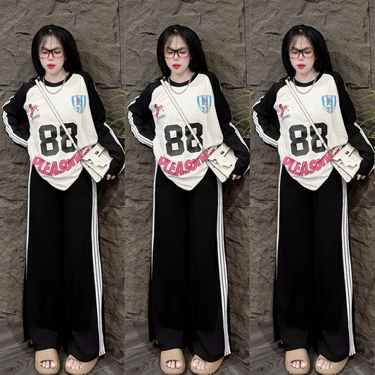 Printed Long Sleeve T-shirt & Wide Leg Pant Set for Women