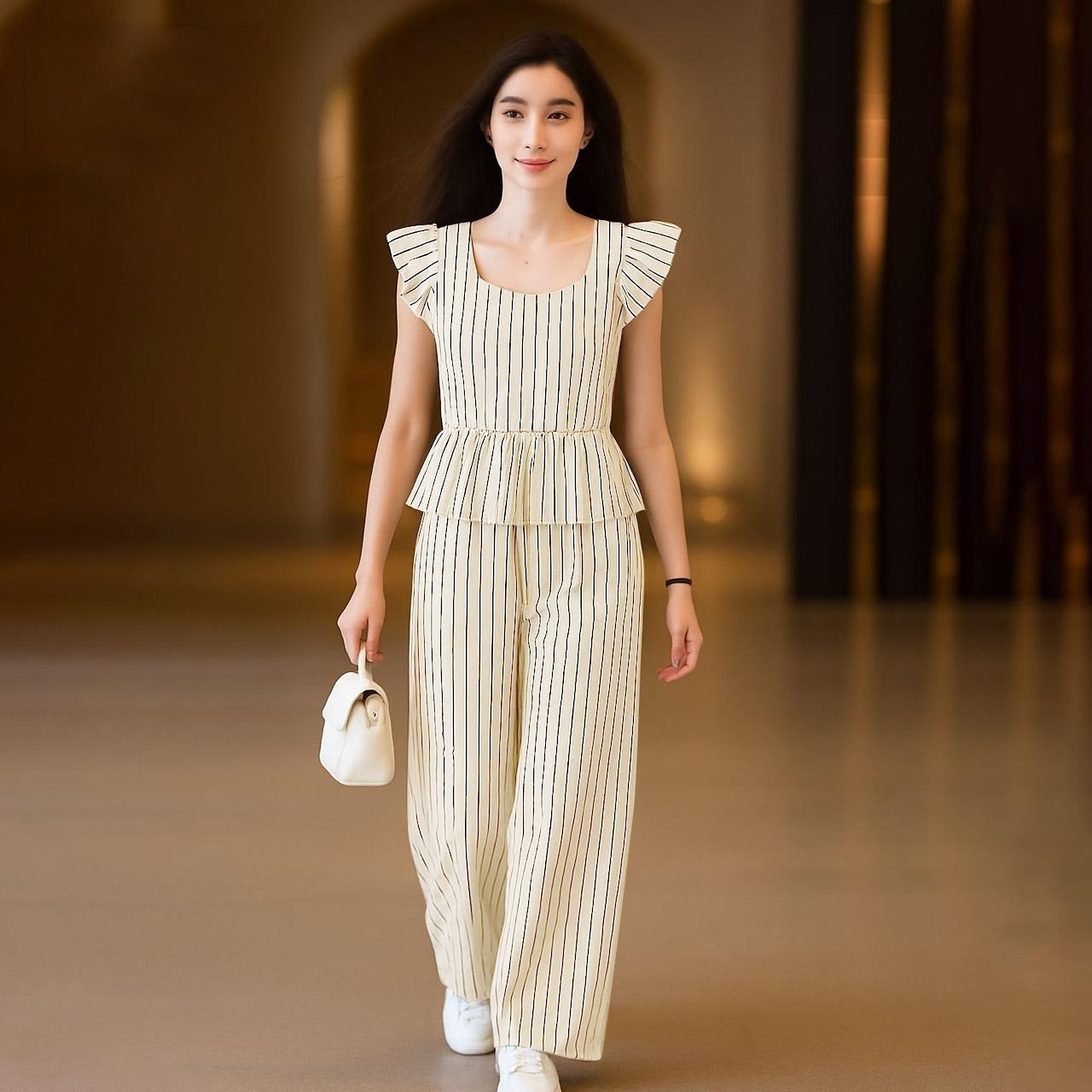 Striped Pattern Office Fashion Party Wear Wide Leg Pant & Suit Set for Women