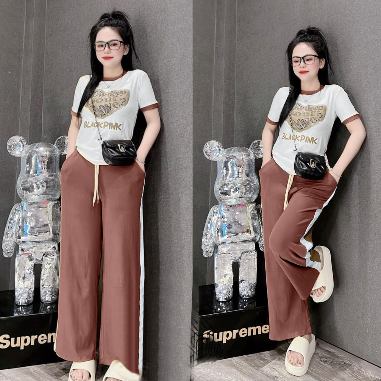 Heart Printed Fashion Short Sleeve T- Shirt & Wide Leg Pant for Women