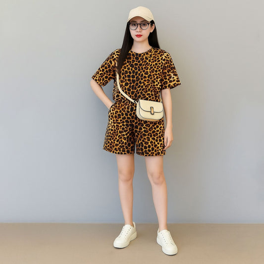 Animal Printed Fashion Short Sleeve Top & Shorts for Women
