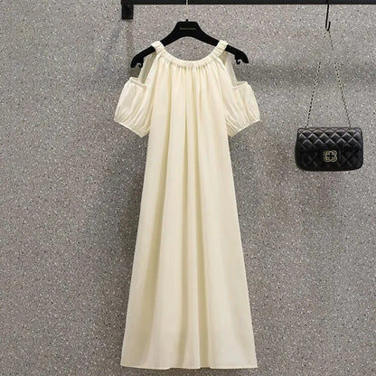 Cold Shoulder Solid Casual French Midi Skirt Dress for Women