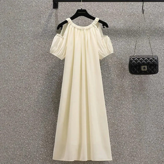 Cold Shoulder Solid Casual French Midi Skirt Dress for Women