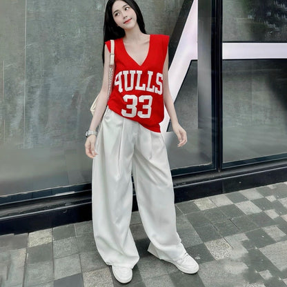 V-Neck Fashion Printed Vest Top & Long Wide Leg Pants for Women