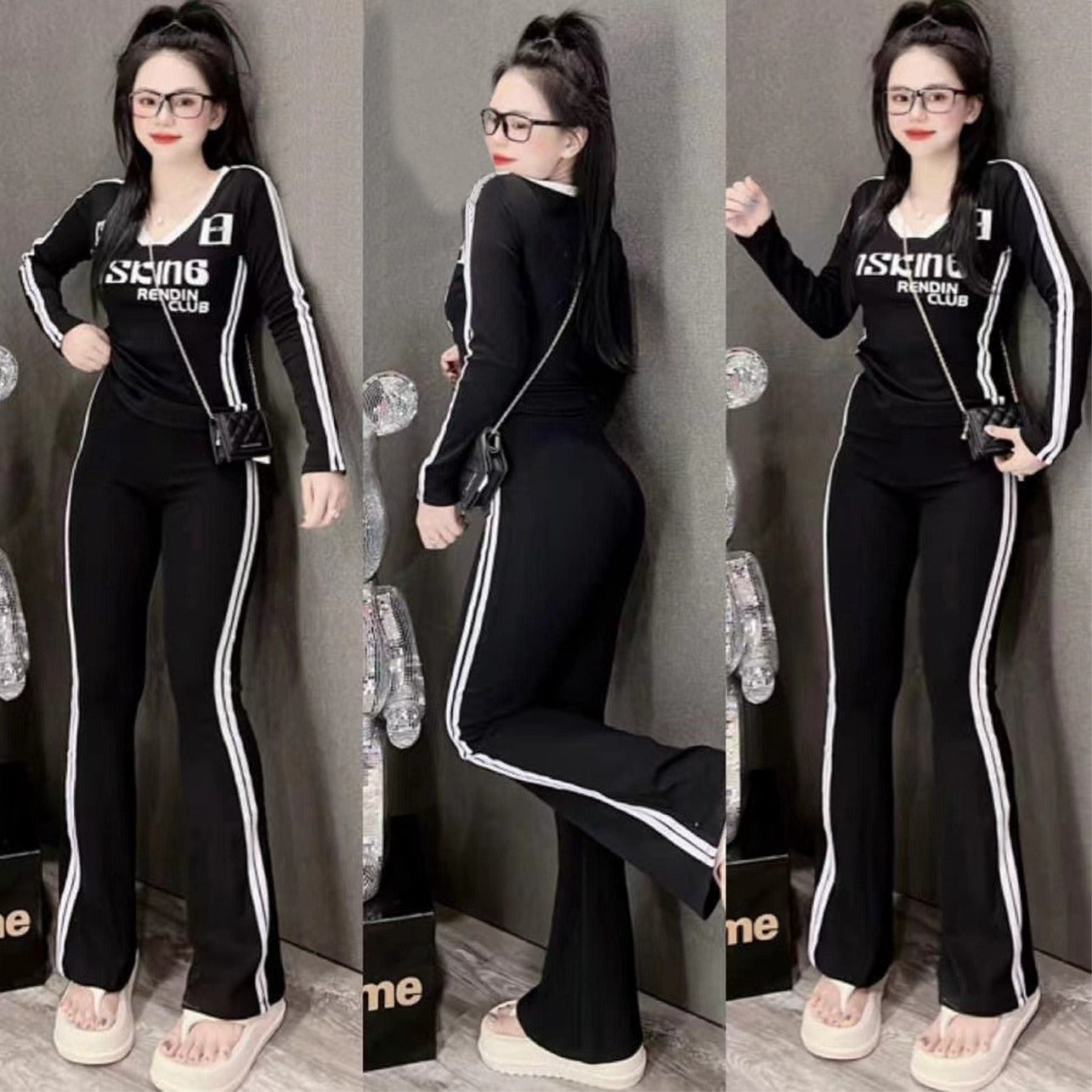 Text Printed Full Sleeve T-Shirt & Line Wide Leg Pant for Women