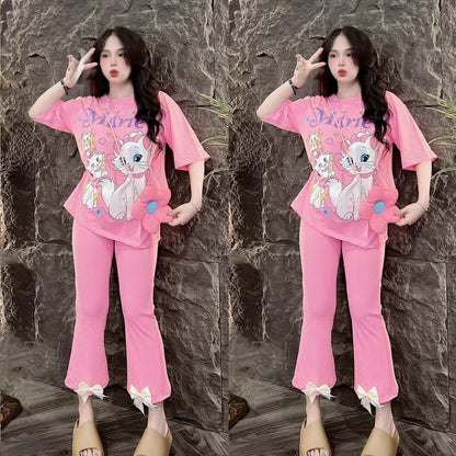 Cartoon Printed Fashion Short Sleeve T-shirt & Pant for Women
