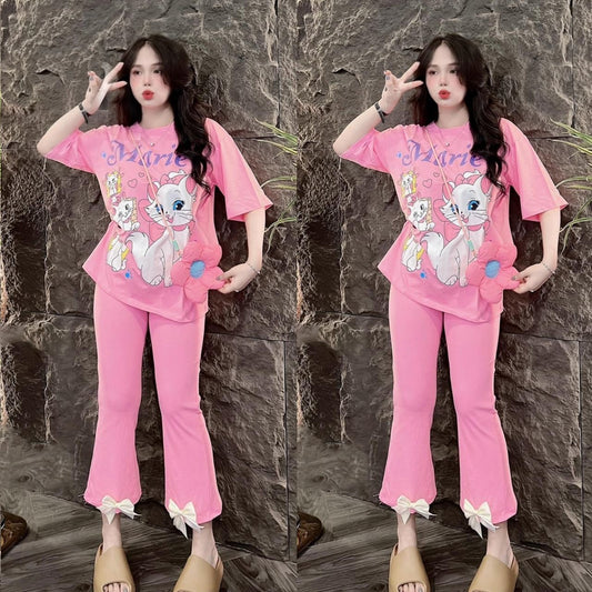 Cartoon Printed Fashion Short Sleeve T-shirt & Pant for Women