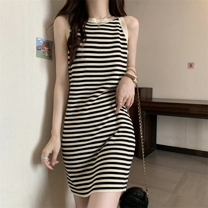 Knitted Style Striped Fit Sleeveless Vest Dress for Women