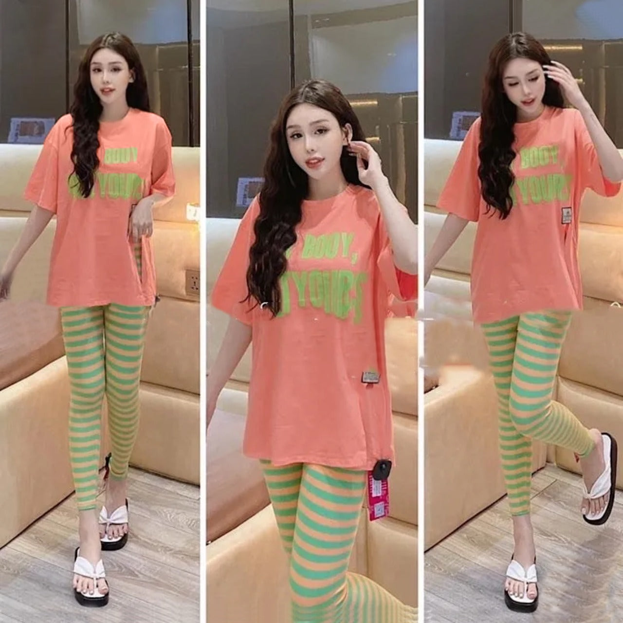 Printed Fashion Top Wear T Shirt & Striped Pants for Women