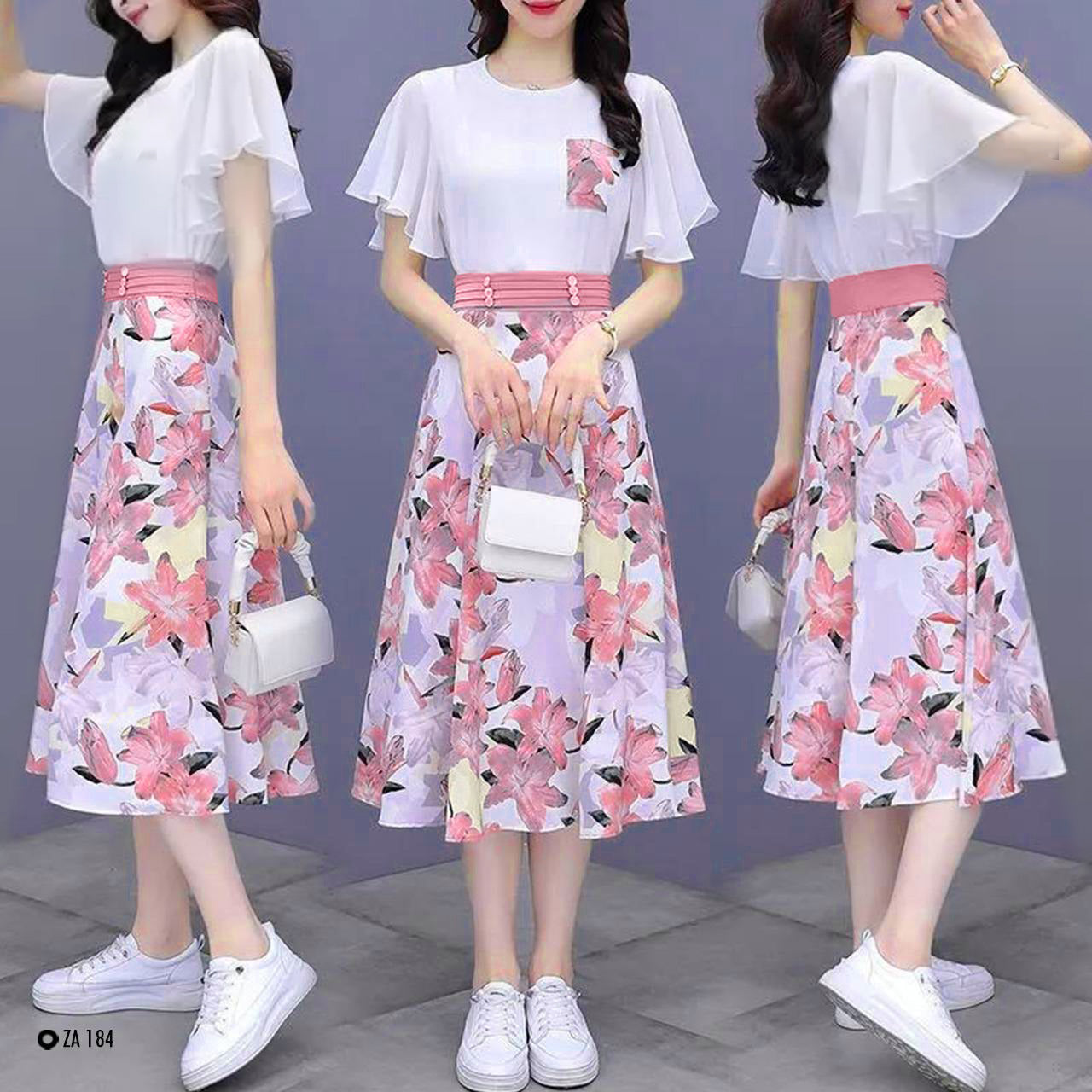 Elegant Floral Design Multicolor Style Casual Short Sleeve Midi Dress for Women