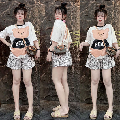 Bear Pattern Short Sleeve T-shirt & Shorts for Women