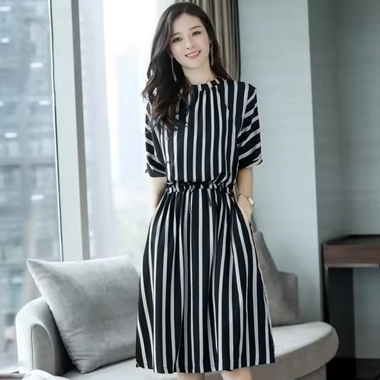 Western Style Stripe Casual Korean Street Mid-Length Dress