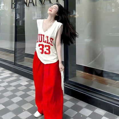 V-Neck Fashion Printed Vest Top & Long Wide Leg Pants for Women