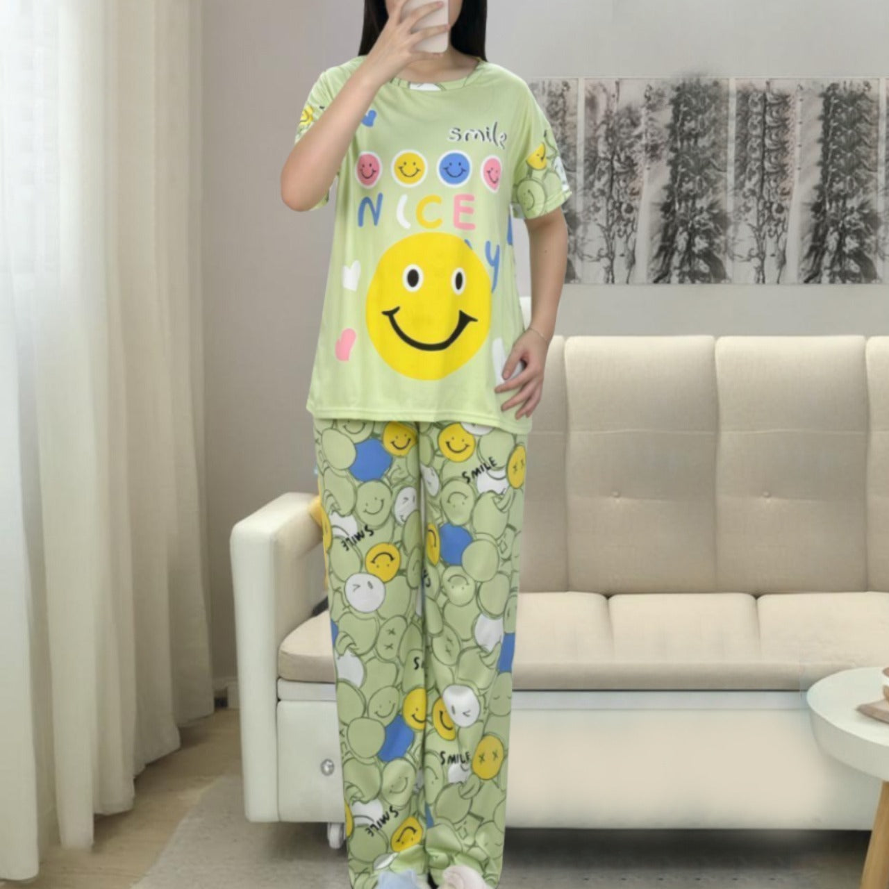 Smile Printed Fashion Short Sleeve T-shirt & Pants for Women