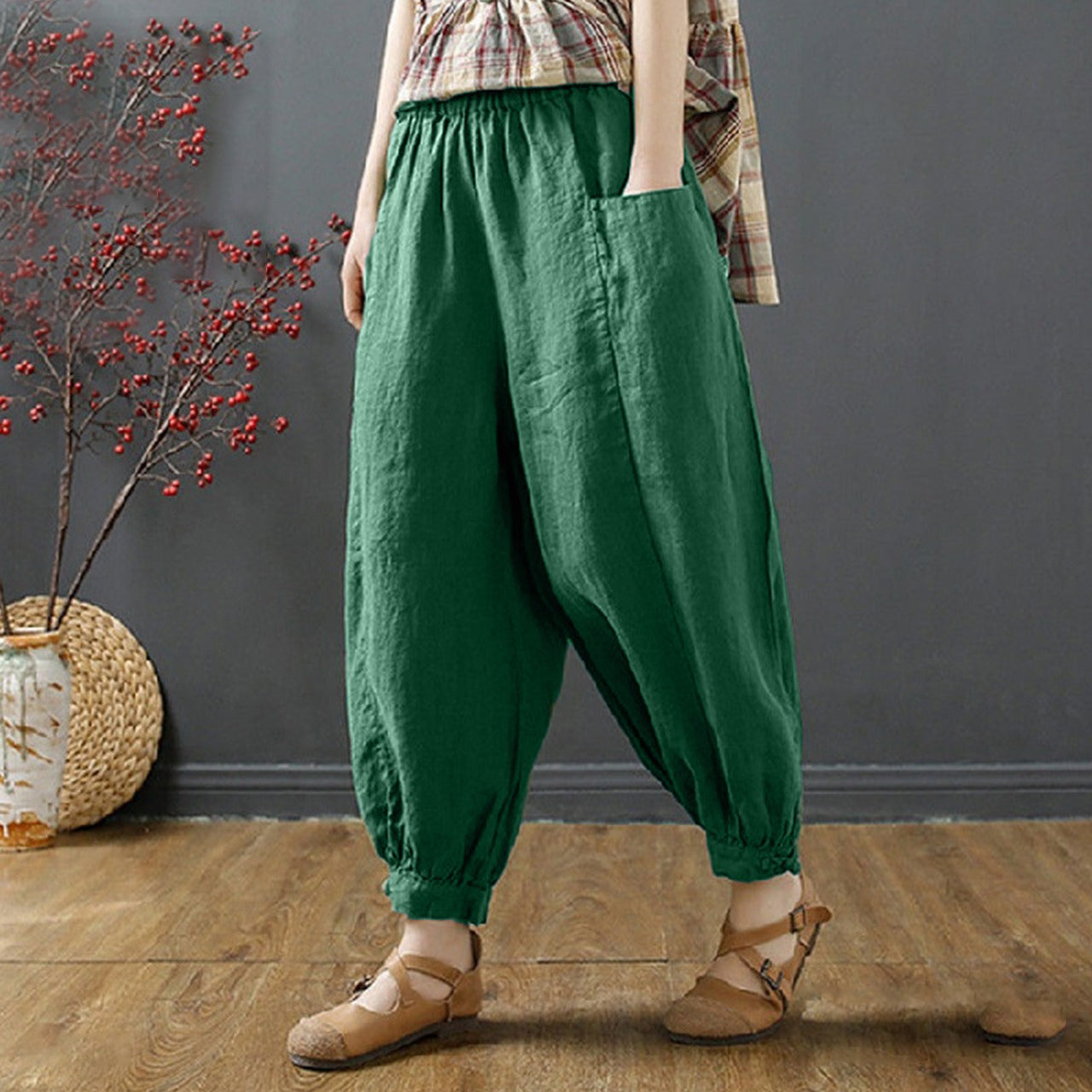 Vintage Style Ankle Wide Length Casual Harem Pants for Women