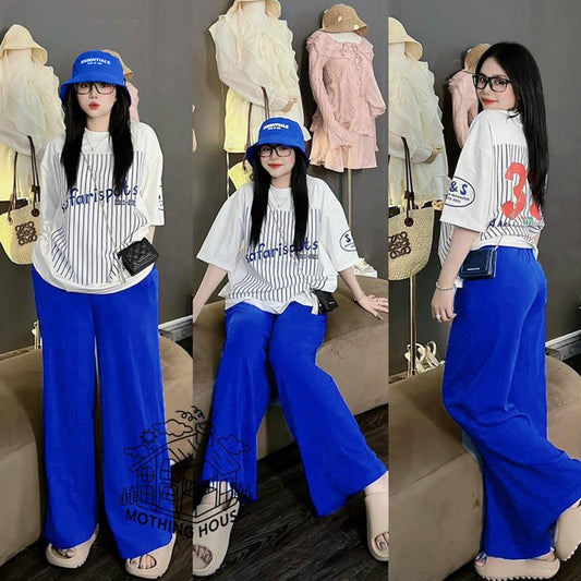 Korean Pattern Full Sleeve Text Printed T-shirt & Wide Leg Pant for Women