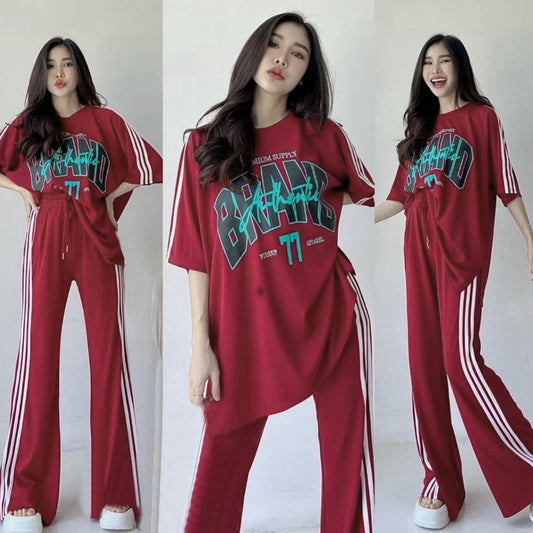 Text Printed Oversized T-shirt & Wide Leg Pant for Women