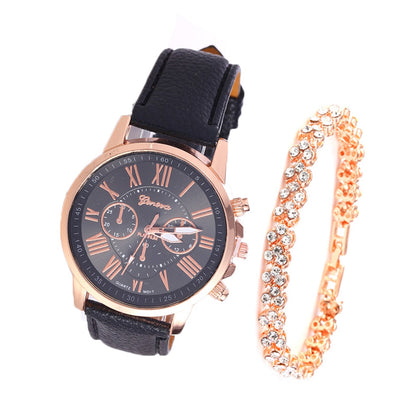 Roman Dial Style Solid Strap Wrist Watch & Bracelet for Women