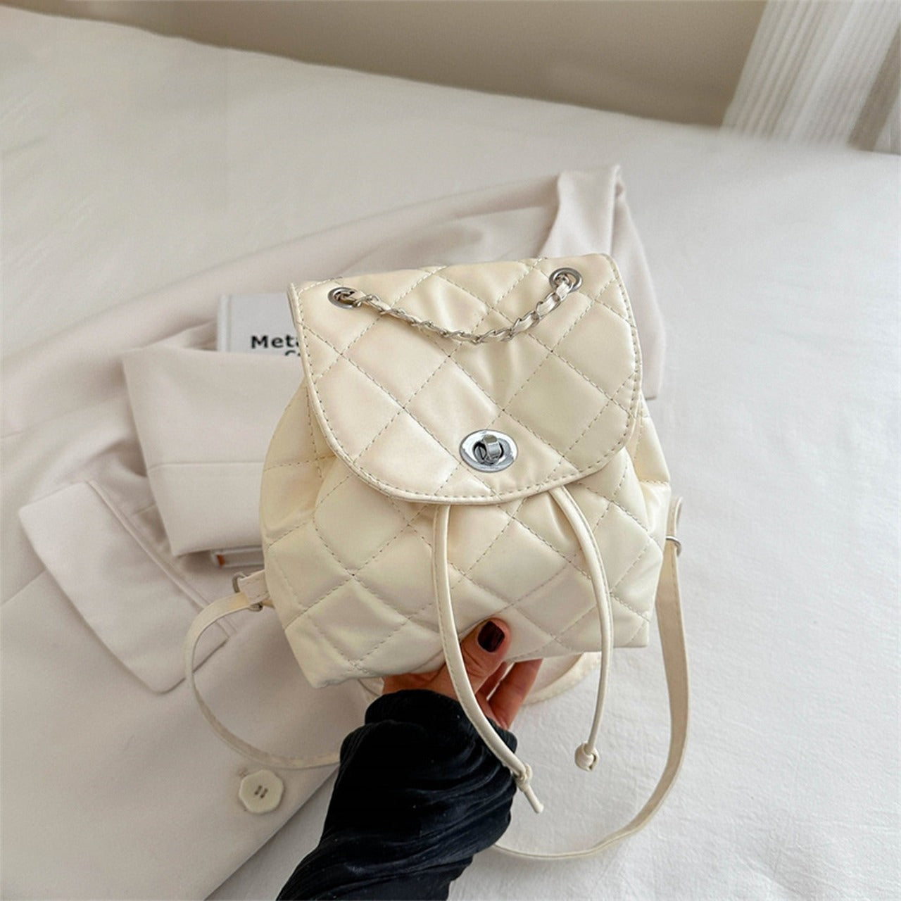 Minimal Solid Color Cosmetics Carry Hand Backpack Bag for Women