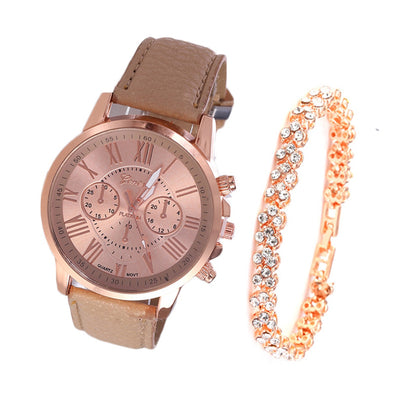 Roman Dial Style Solid Strap Wrist Watch & Bracelet for Women