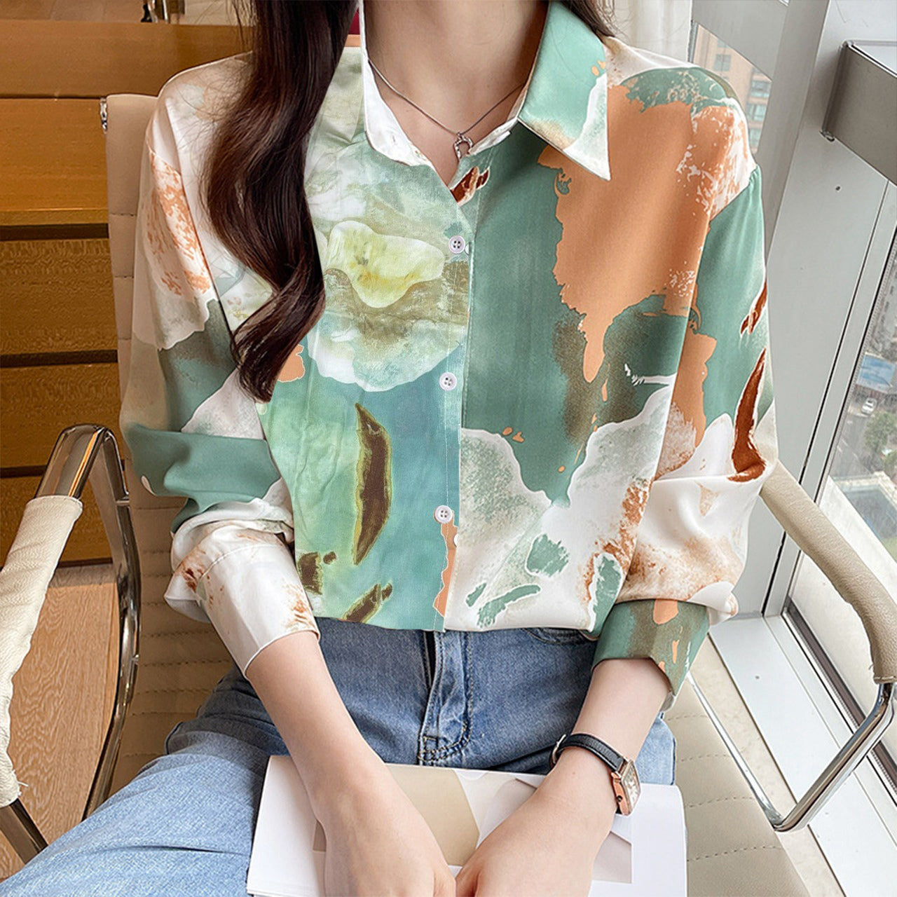 Loose Vintage Style Color Smoke Style Design Button Shirt for Women