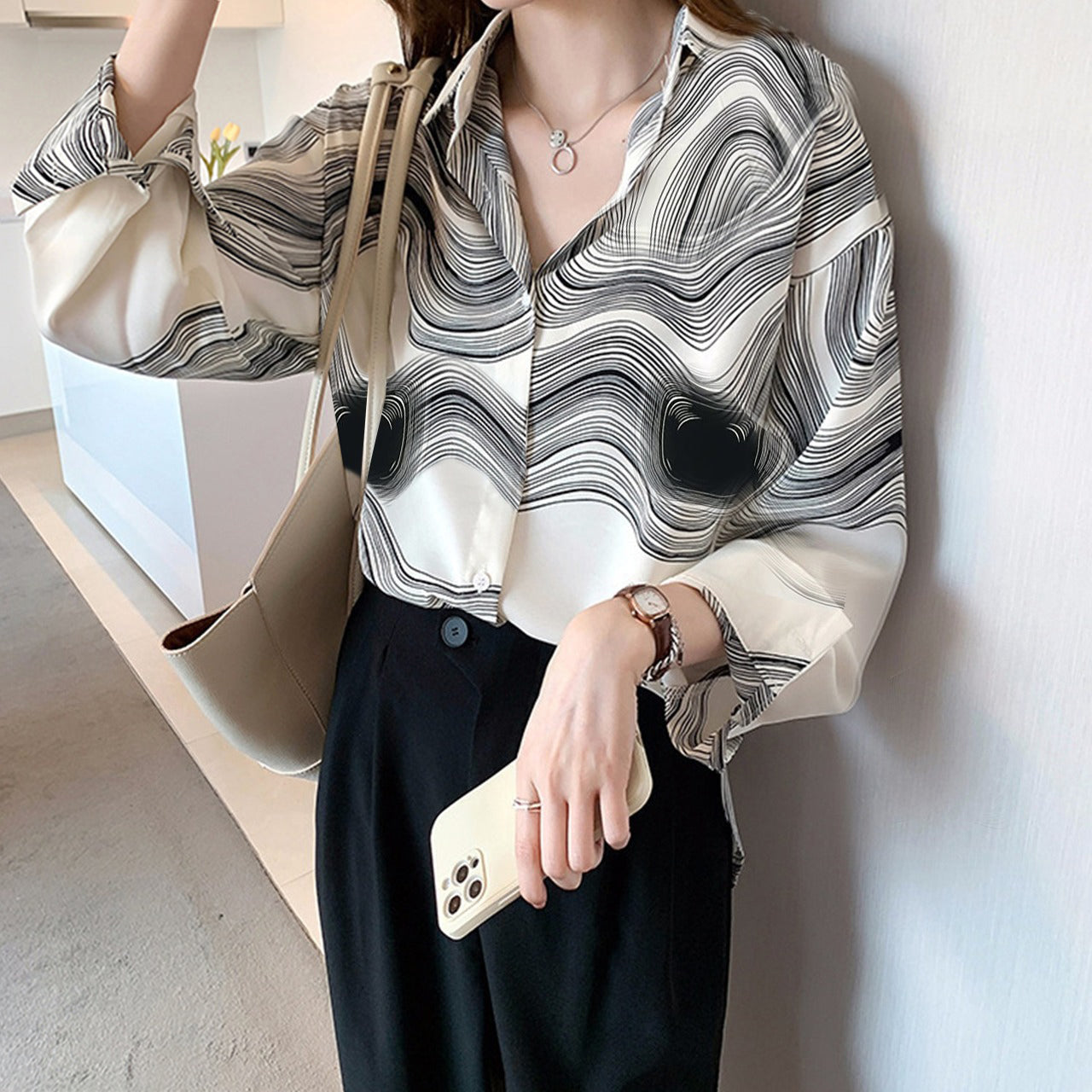 Ink Painting Abstract Style Loose Fit Long Sleeve Shirt for Women