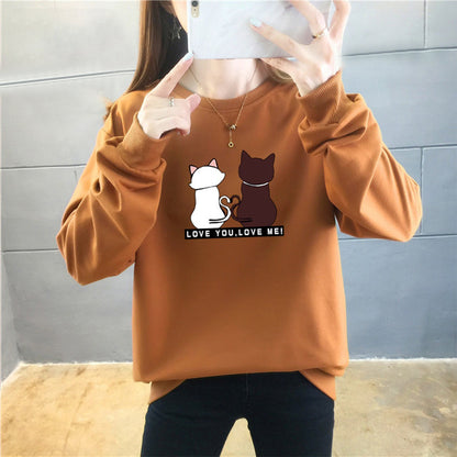 Solid Color Cat Printed Style Round Neck Pullover T-Shirt for Ladies