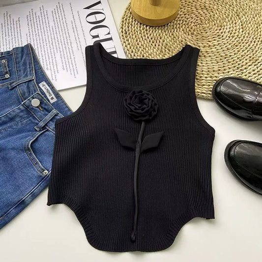 Solid Flower Design Pattern Printed Fashion Crop Top for Women