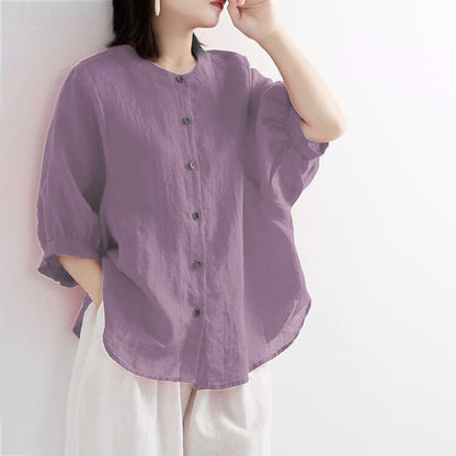 Solid Color Puff Sleeve Linen Shirt for Women