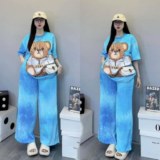 Bear Graphics Printed Fashion Top & Wide Leg Pant for Women