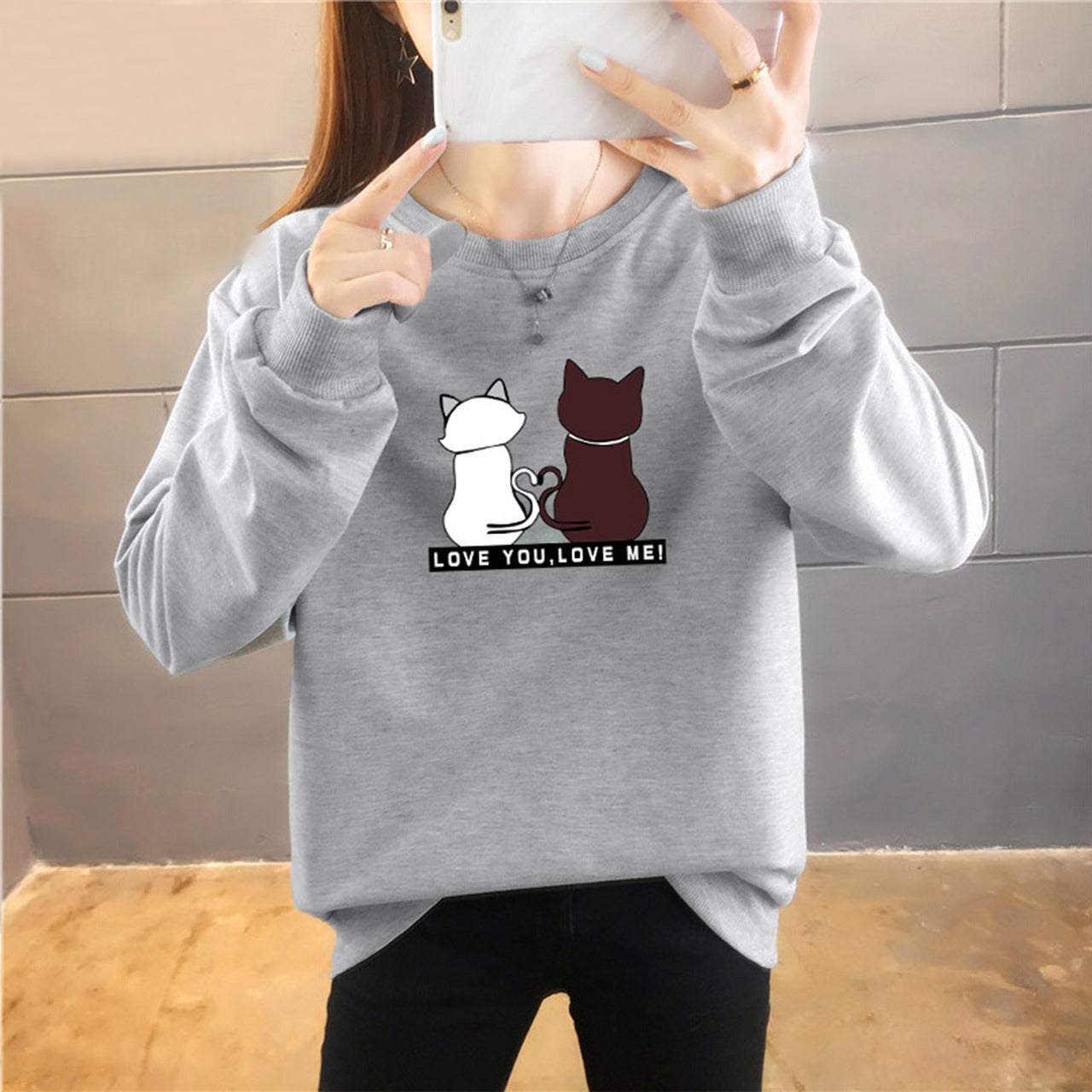 Solid Color Cat Printed Style Round Neck Pullover T-Shirt for Ladies