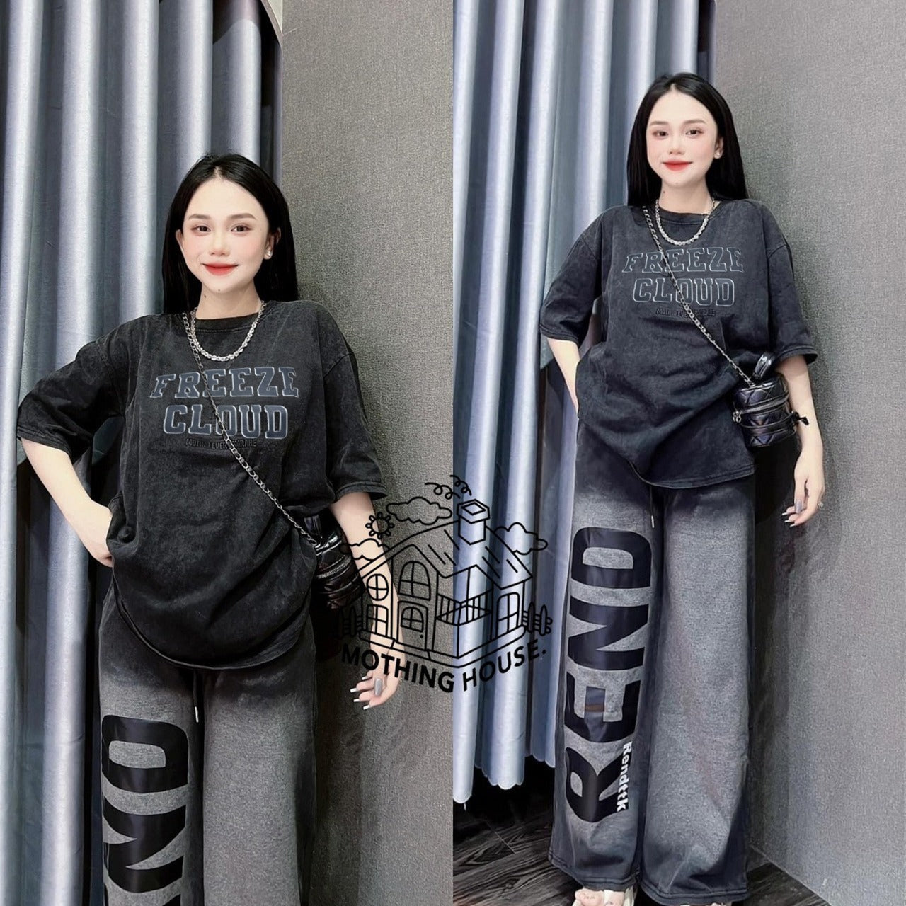 Solid Color Text Fashion Oversized T-shirt & Wide Leg Pant for Ladies