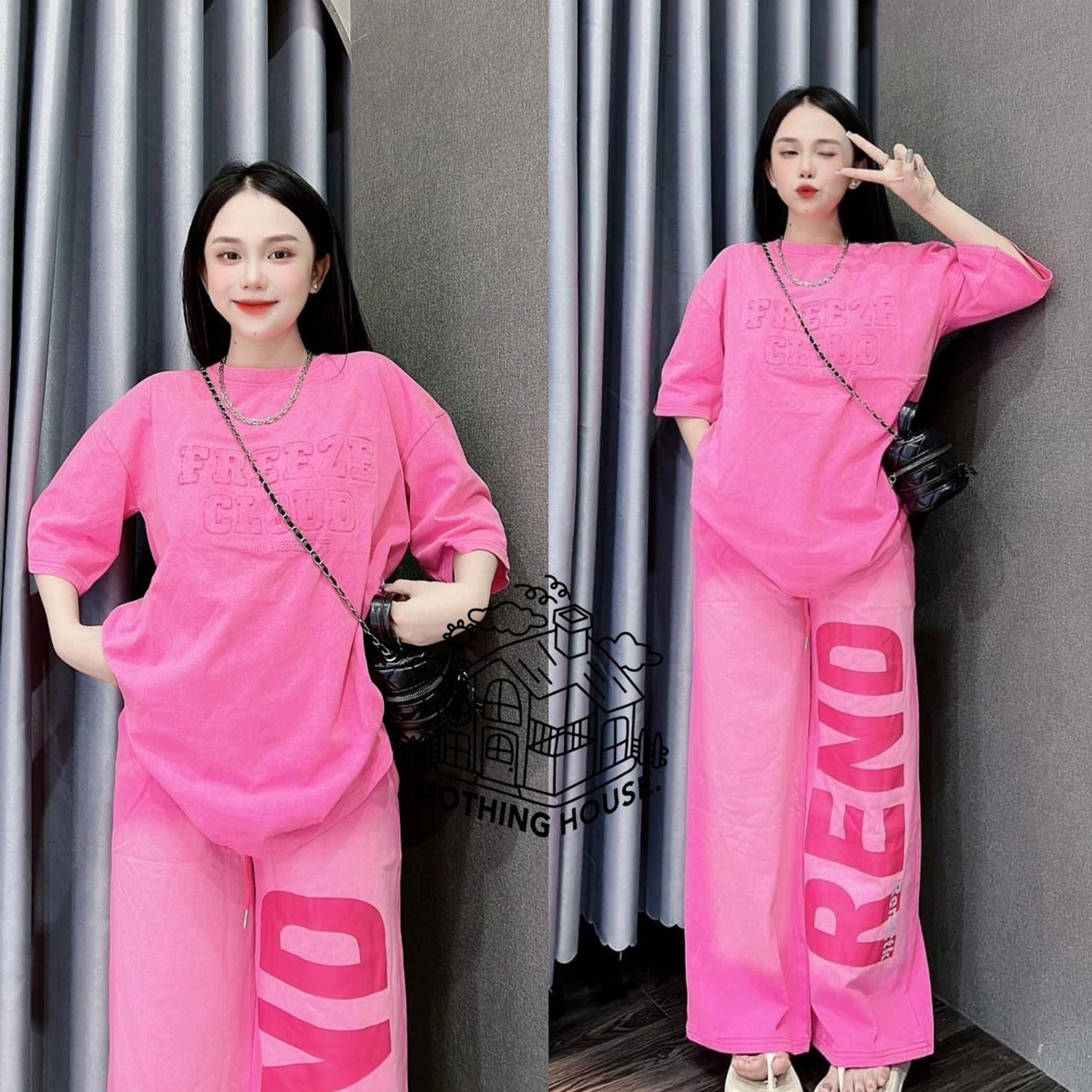 Solid Color Text Fashion Oversized T-shirt & Wide Leg Pant for Ladies