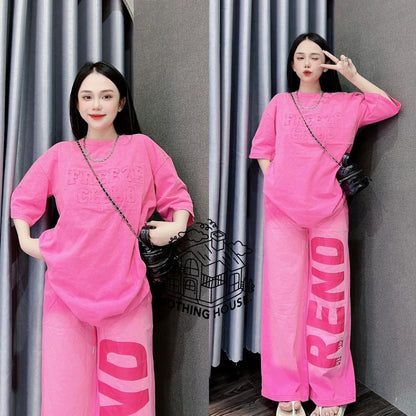 Solid Color Text Fashion Oversized T-shirt & Wide Leg Pant for Ladies