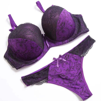 Embroidery Floral Print Lace-Up Bra & Panties for Women