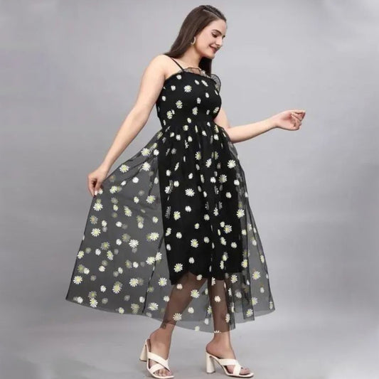 Floral Printed Net Fashion Long Casual Maxi Dress for Women