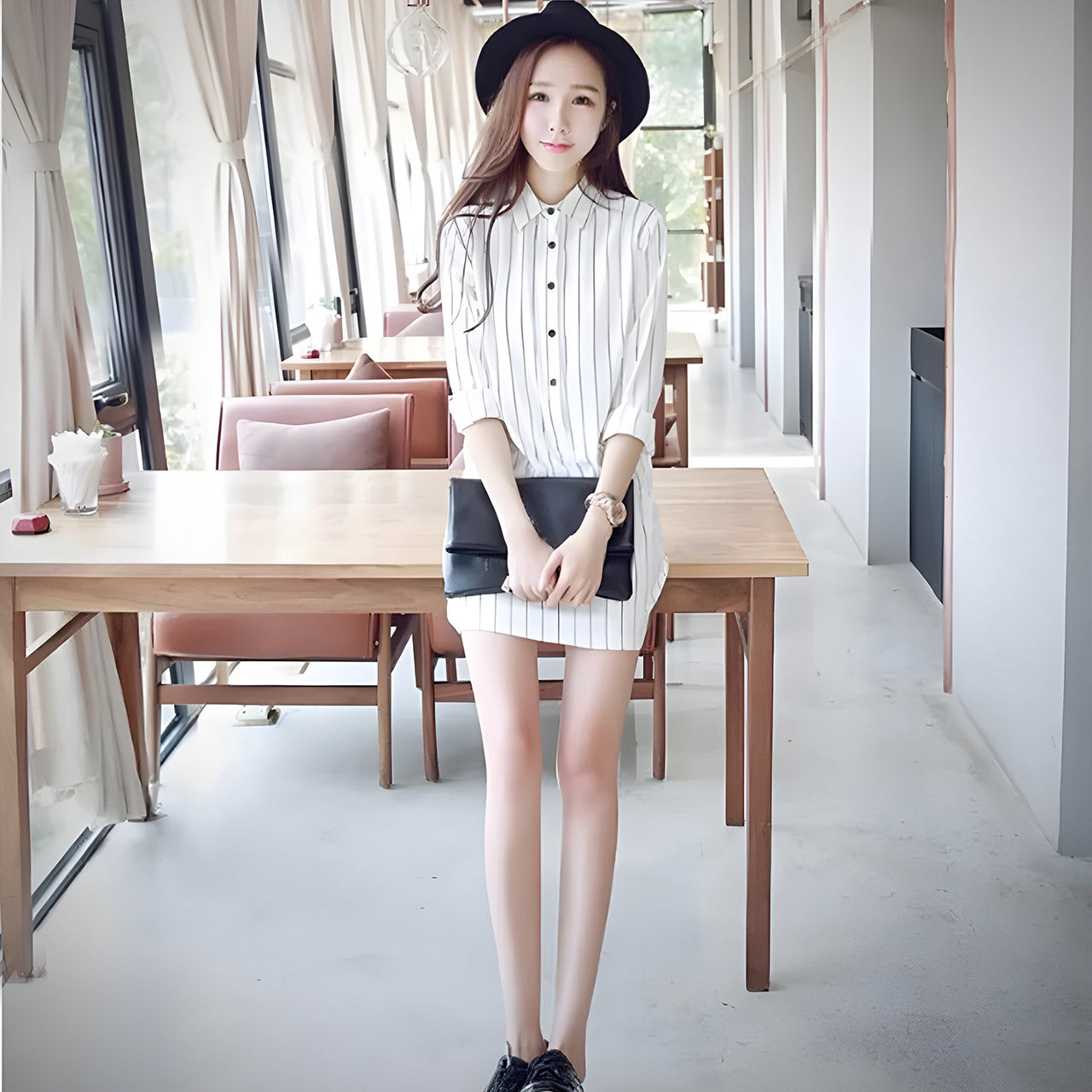 Collar Striped Pattern Long Korean Style Shirt for Girls