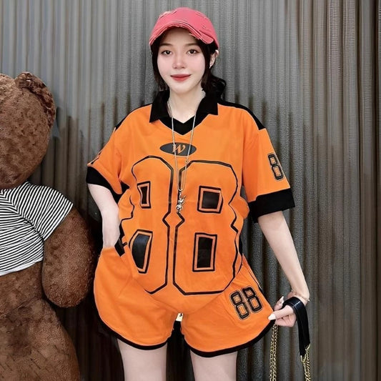 Number Printed Style Oversized Sports Fit T-shirt & Shorts for Women