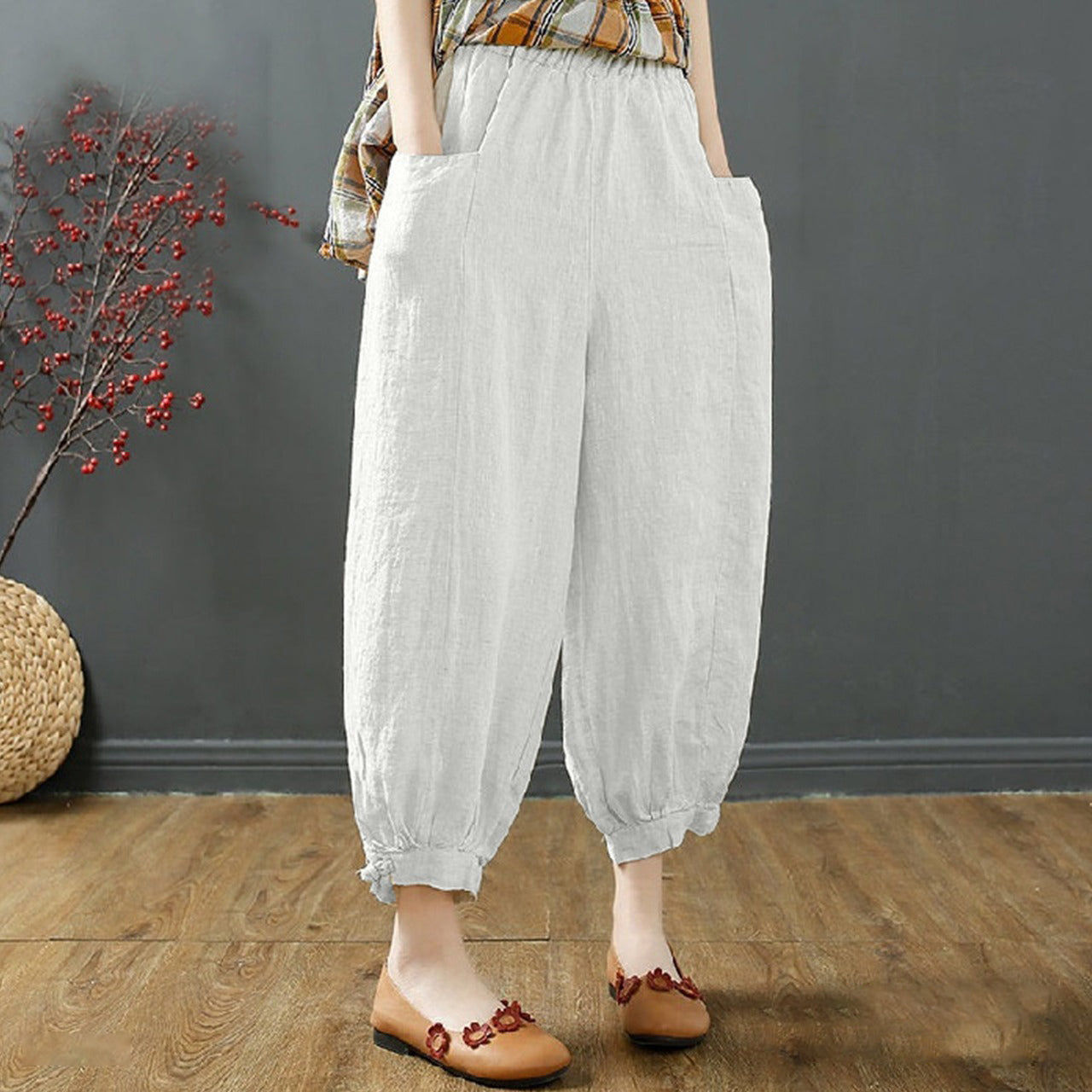 Vintage Style Ankle Wide Length Casual Harem Pants for Women