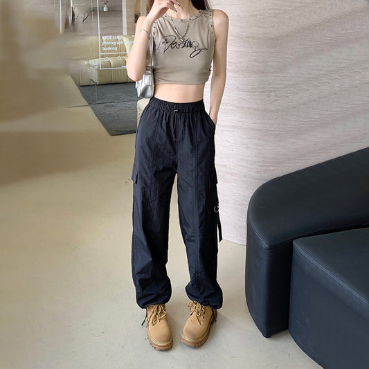 Drawstring Elastic Fashion Solid Color Cargo Pant for Women