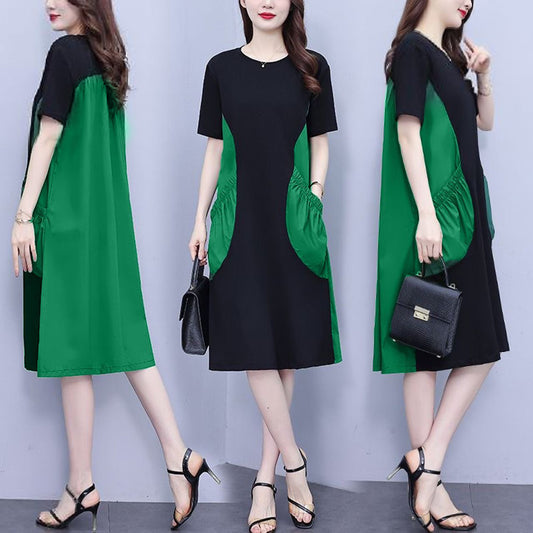 Korean Double Color Style Round Neck Pullover Mid-Length Dress with Pockets