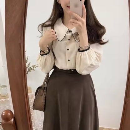 Korean Fashion Oversized Solid Color Long Sleeve Blouse Top