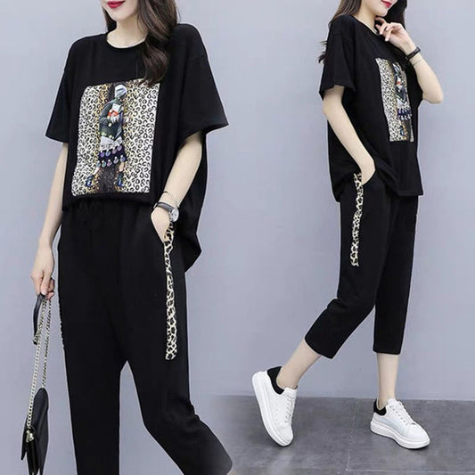 Graphics Printed Fashion Short Sleeve T-shirt & Pant for Women