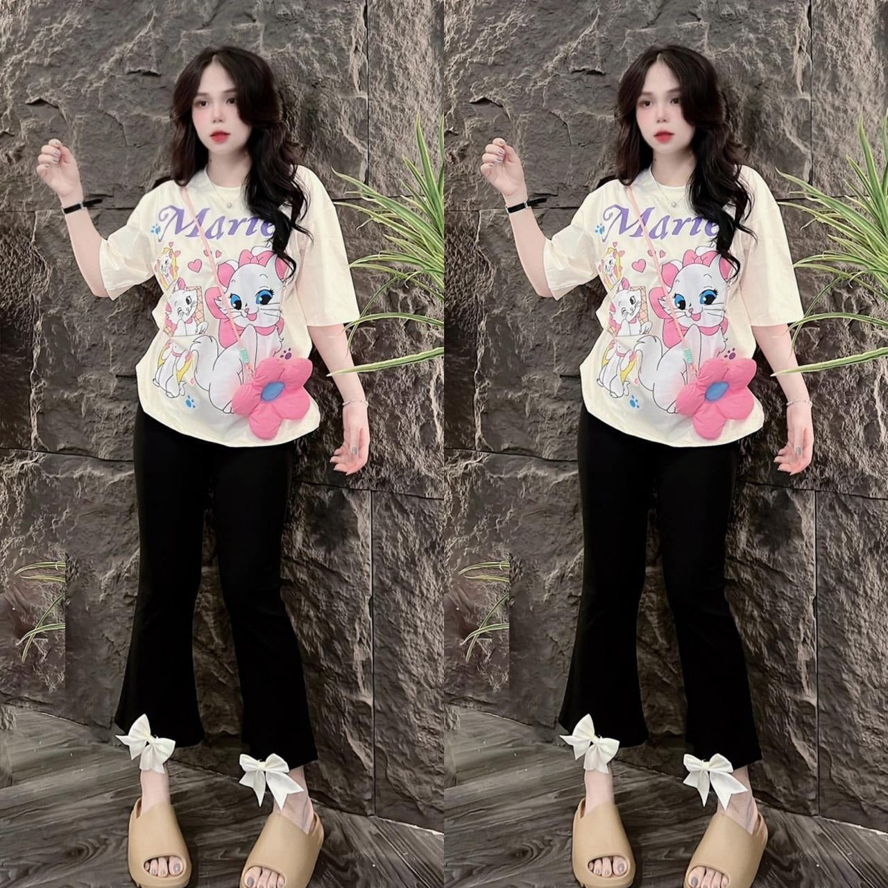 Cartoon Printed Fashion Short Sleeve T-shirt & Pant for Women