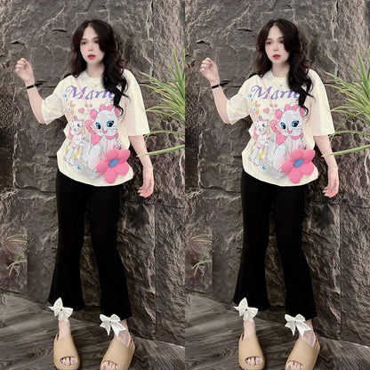Cartoon Printed Fashion Short Sleeve T-shirt & Pant for Women