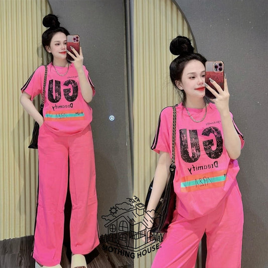 Printed Short Sleeve Sports Fit T-shirt & Pant for Women